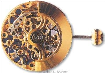 Das Bild zeigt die meisterhaft skelettierte Form dieses Uhrwerks, angefertigt von Chronoswiss für das Modell "Opus".
